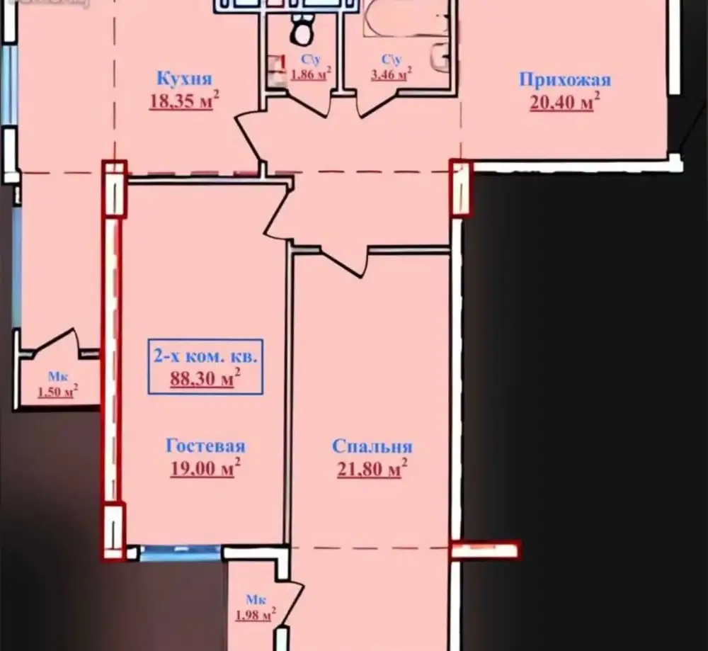 2-комн. квартира, 4 этаж, 88 м², Сомони