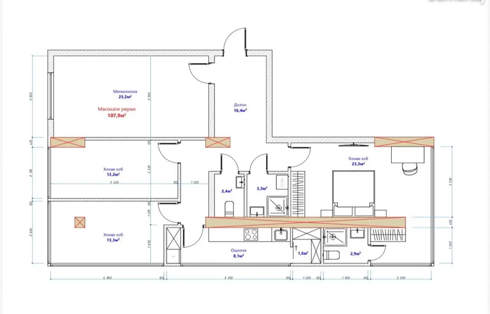4-комн. квартира, 9 этаж, 107 м², Исмоили Сомони Славянский