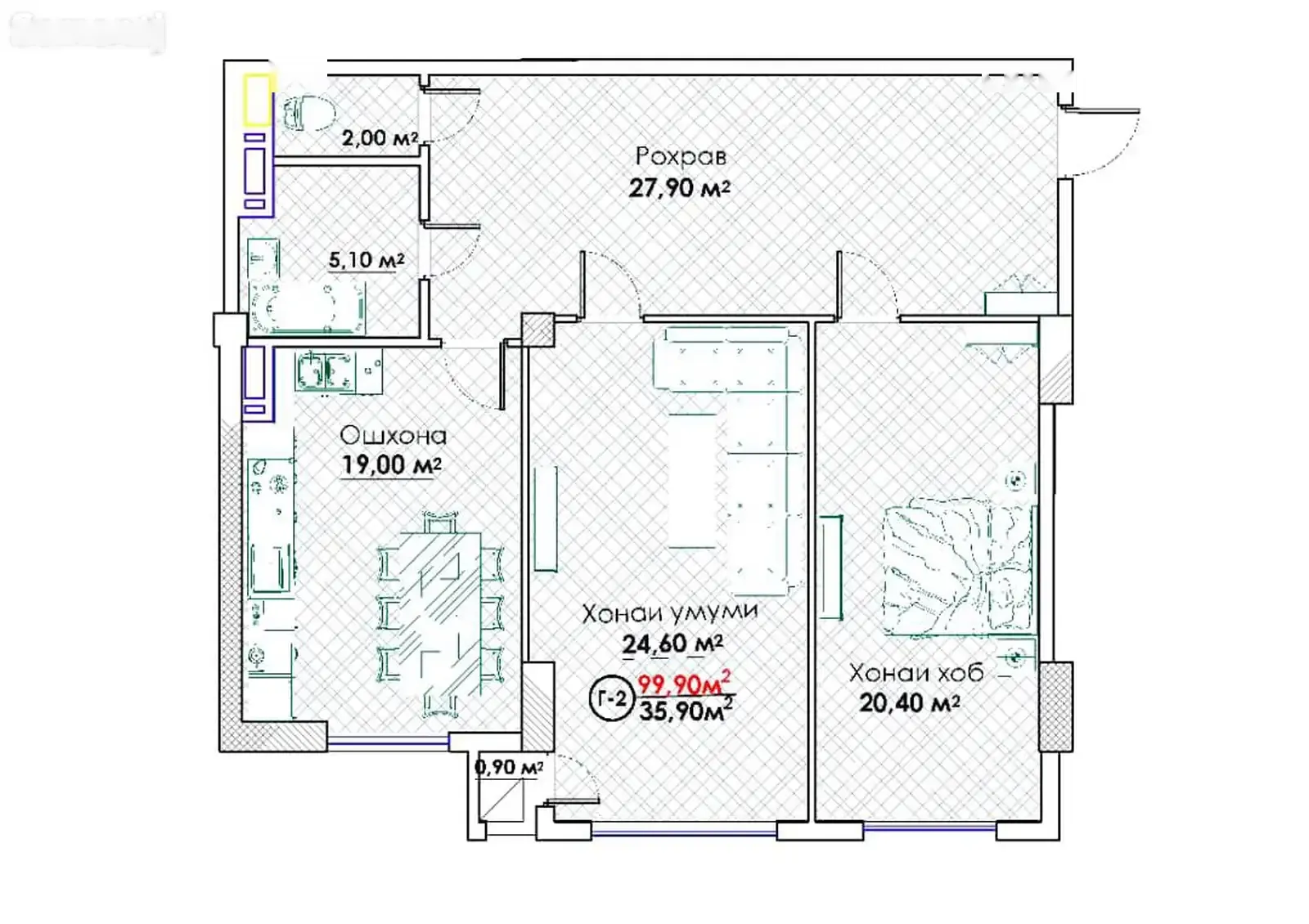 2-комн. квартира, 5 этаж, 100 м², И. Сомони