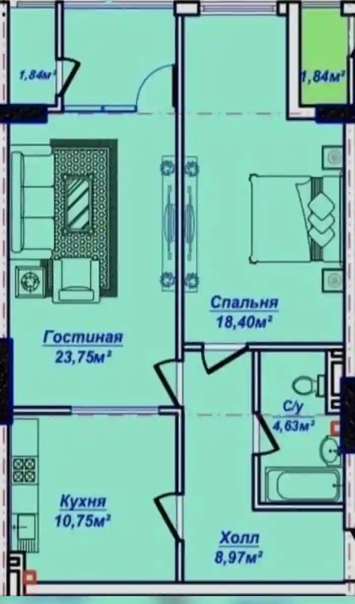 2-к квартира, 8 этаж, 71 м², Сино