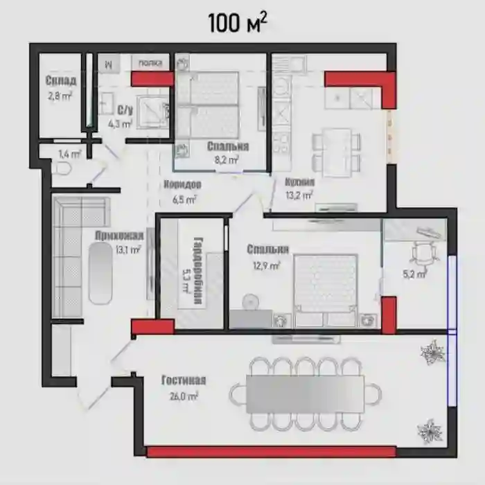 3-к квартира, 14 этаж, 100 м², Шохмансур