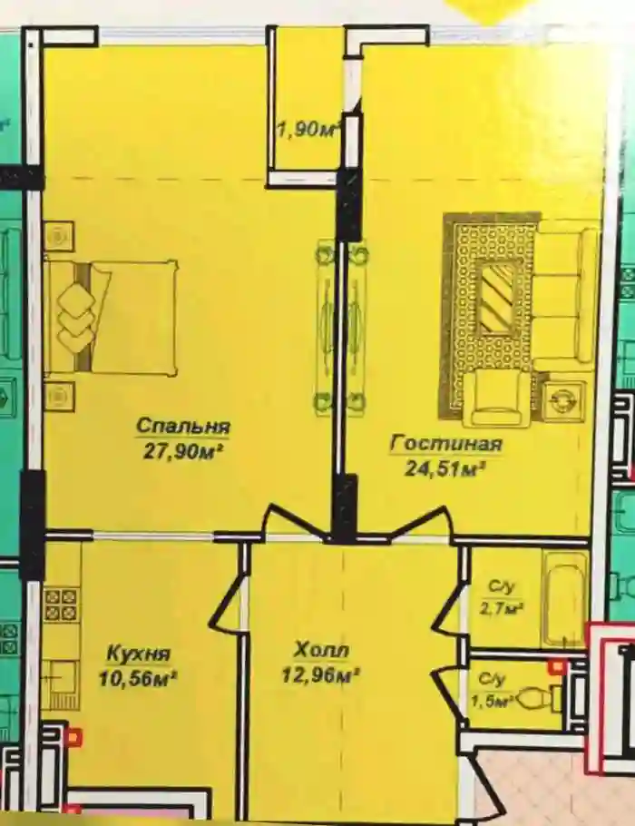 2-к квартира, 3 этаж, 82 м², Сино