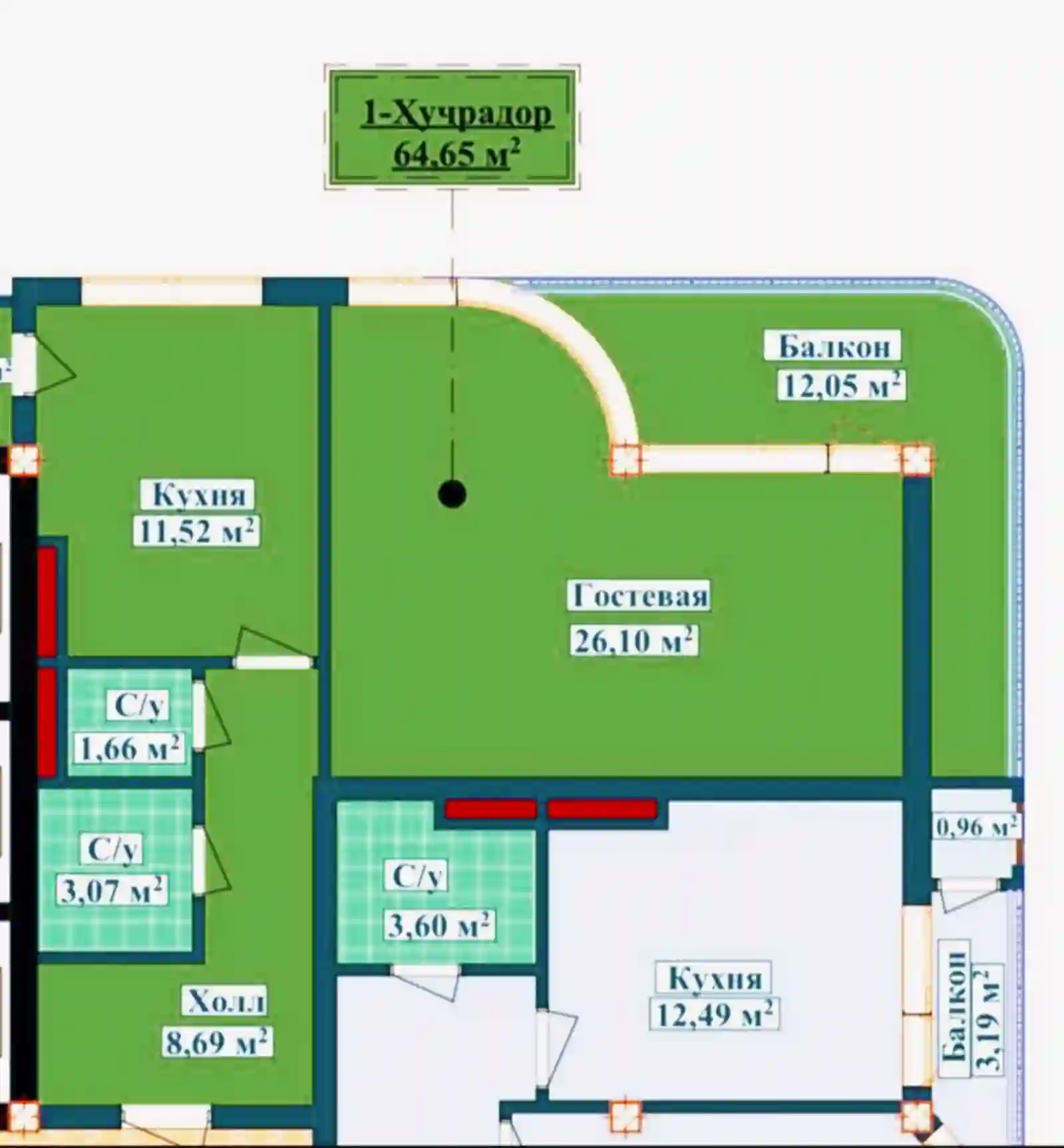 1-к квартира, 1 этаж, 64 м², Исмоил Сомони