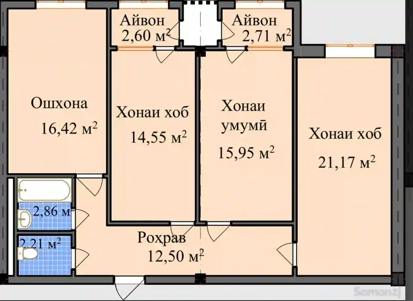 3-к квартира, 10 этаж, 91 м², Шохмансур