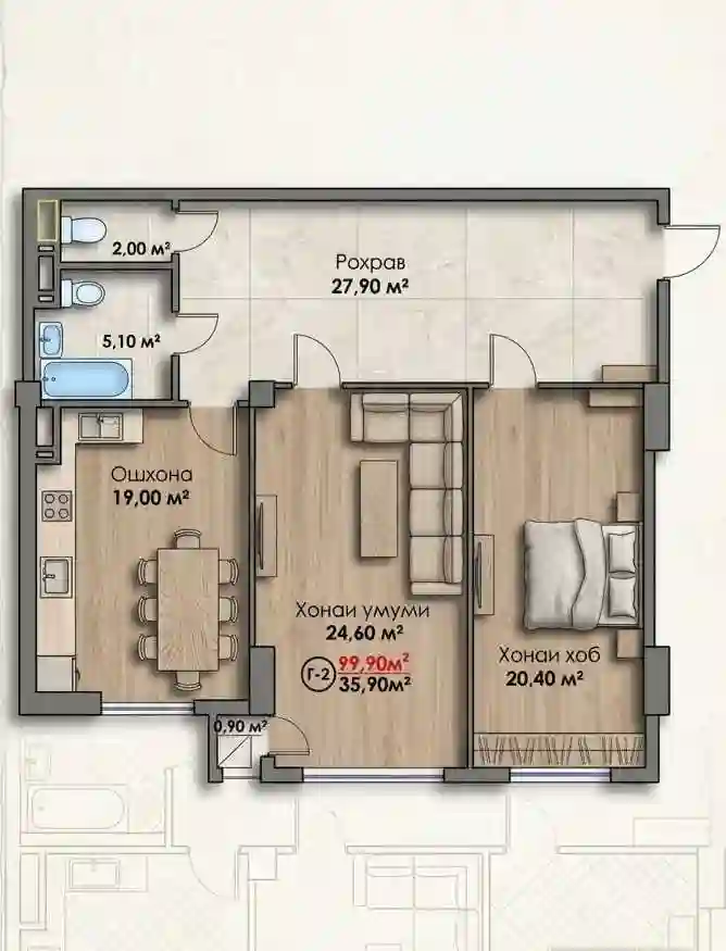 2-к квартира, 11 этаж, 99 м², И.Сомони