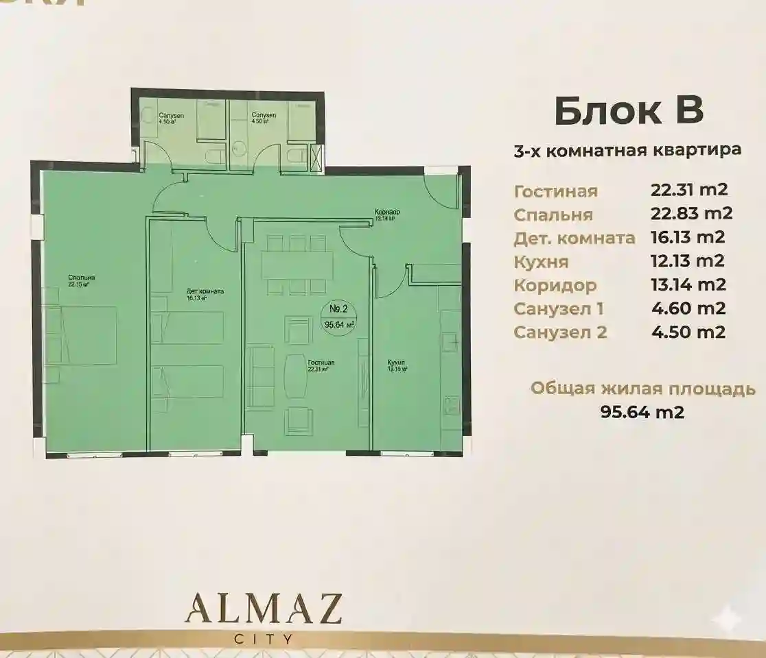 3-к квартира, 10 этаж, 96 м², Шохмансур