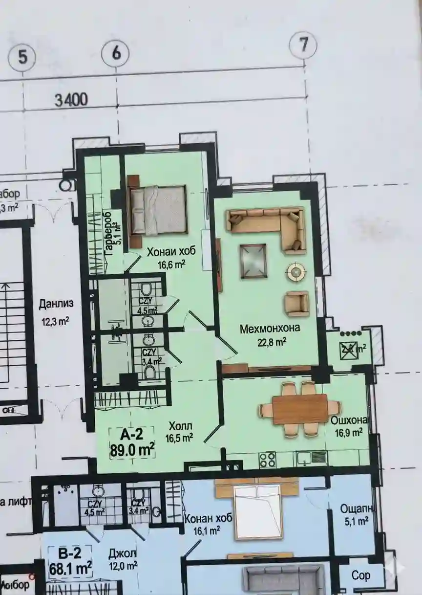 2-к квартира, 11 этаж, 89 м², Сино