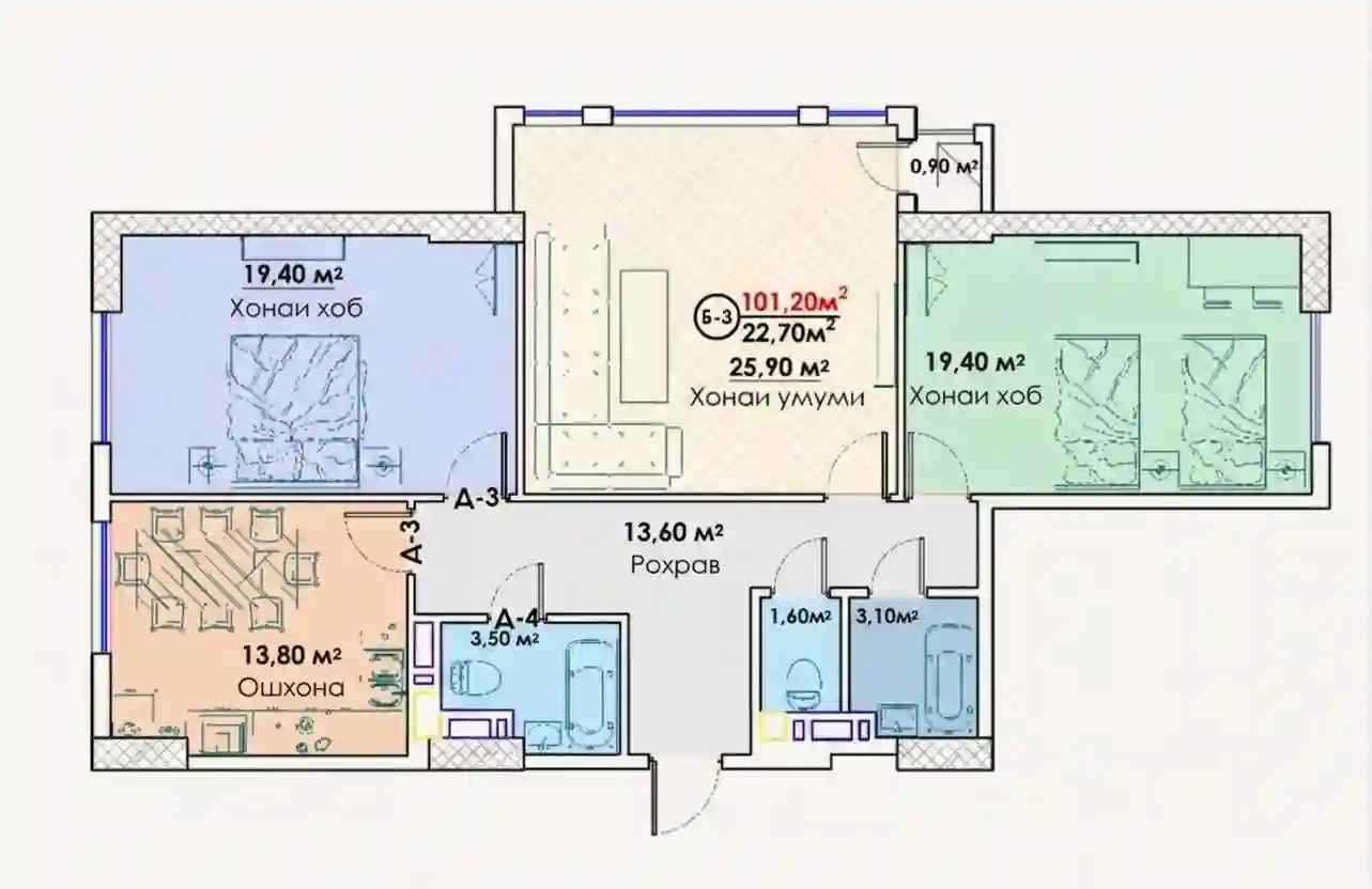3-к квартира, 15 этаж, 101 м², И.Сомонӣ