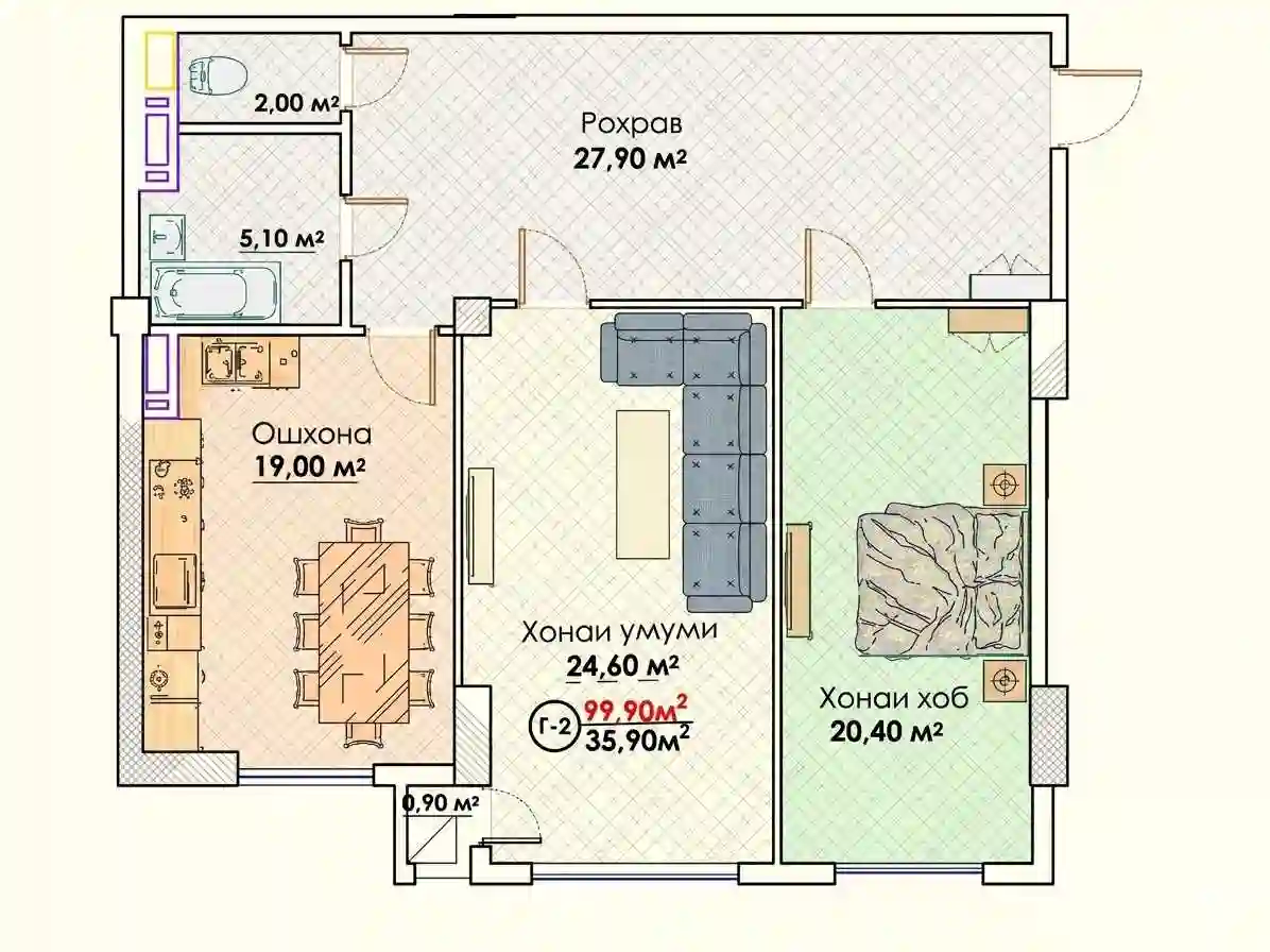 2-к квартира, 5 этаж, 100 м², И.Сомонӣ