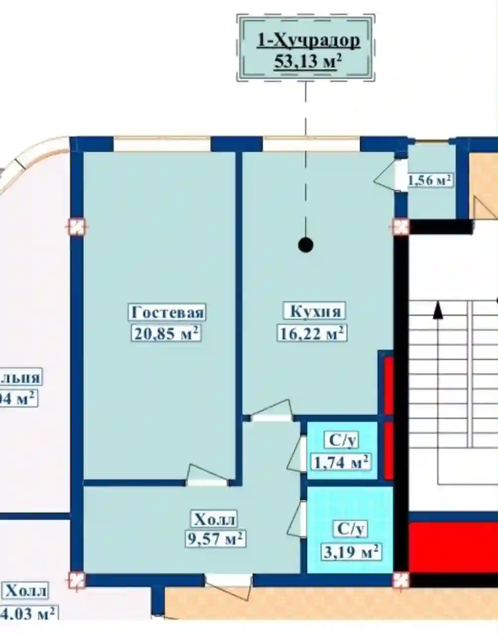 1-к квартира, 6 этаж, 53 м², Шохмансур