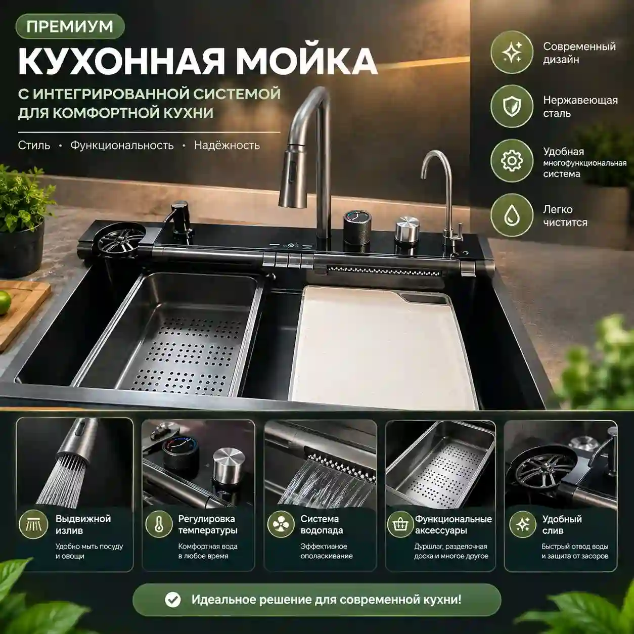 Премиум кухонная мойка с водопадом 75х45 см (Новая