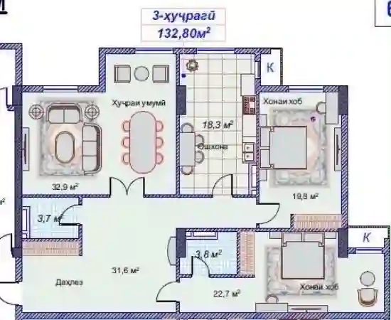 3-к квартира, 10 этаж, 133 м², 8 март педенистут — миниатюра 1