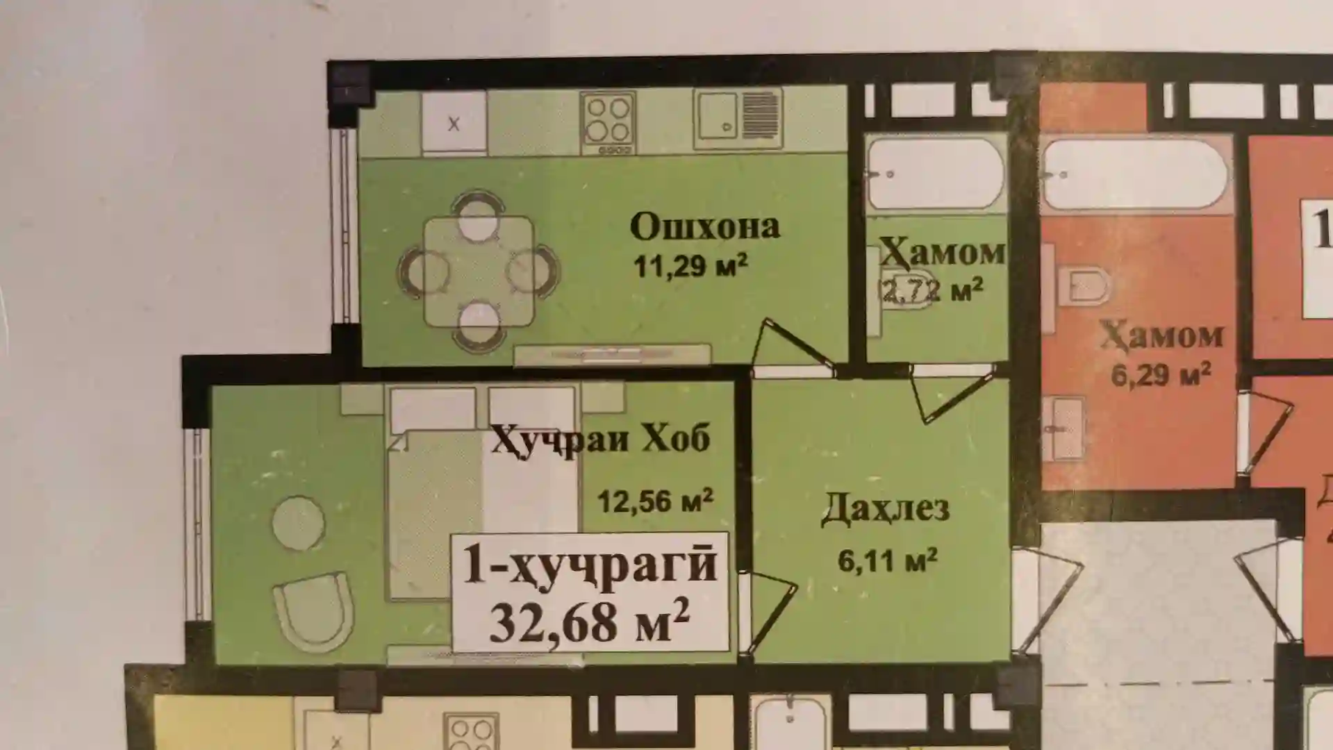 1-к квартира, 5 этаж, 32 м², рудаки