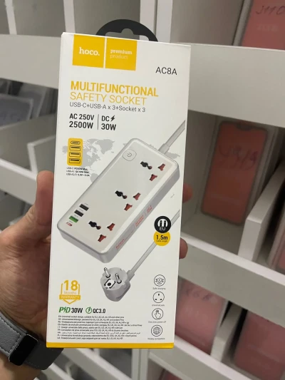 Сетевой фильтр Hoco AC8A, 3USB+3BIT+USB-C, 2500W, DC 30W