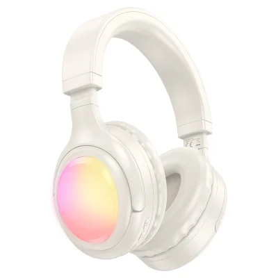 Беспроводные наушники Hoco W48 RGB с подсветкой молочный