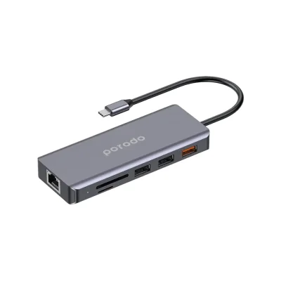 Портативный хаб Porodo 9in1 USB-C Hub Type-C PD  100W HDMI Ethernet USB SD Card 3.5mm Aux