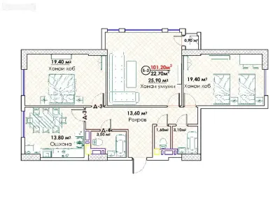 3-комн. квартира, 8 этаж, 101 м², И. Сомони