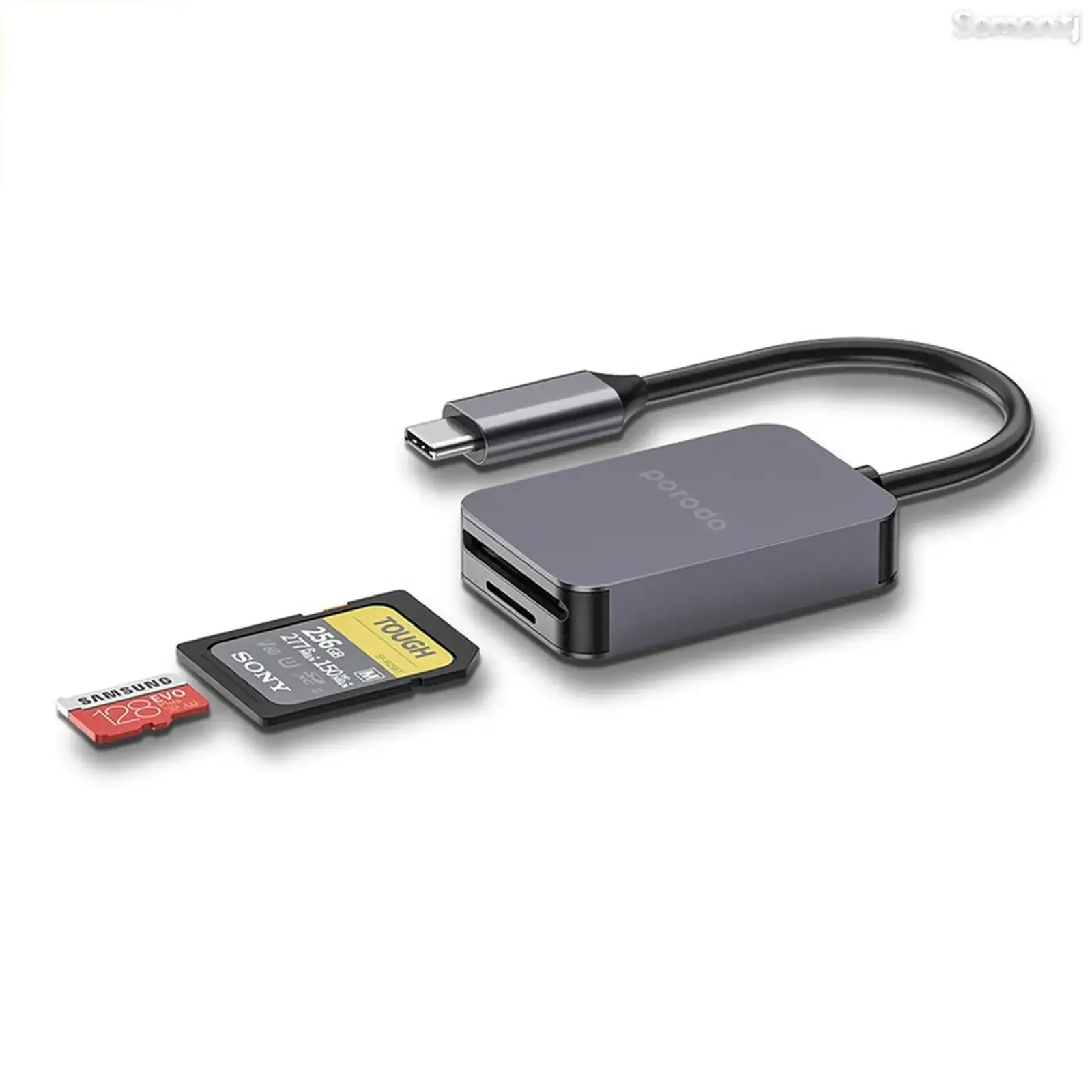 Картридер Porodo 2in1 USB-C Card Reader SD MicroSD серый