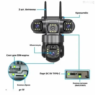 Солнечная камера видеонаблюдения 4G с 3 объективами HD 12 МП 6K