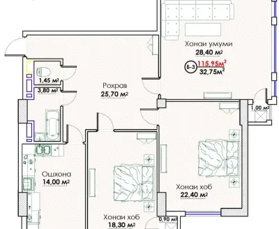 3-комн. квартира, 7 этаж, 116 м², И Сомони