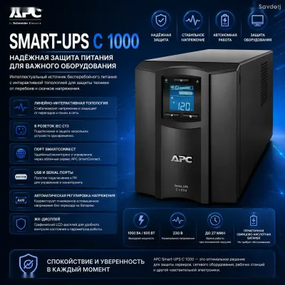 Источник бесперебойного питания APC Smart-UPS C 1000VA Line Interactive LCD AVR Tower, SMC1000IC