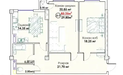 2-комн. квартира, 10 этаж, 83 м², Сомони