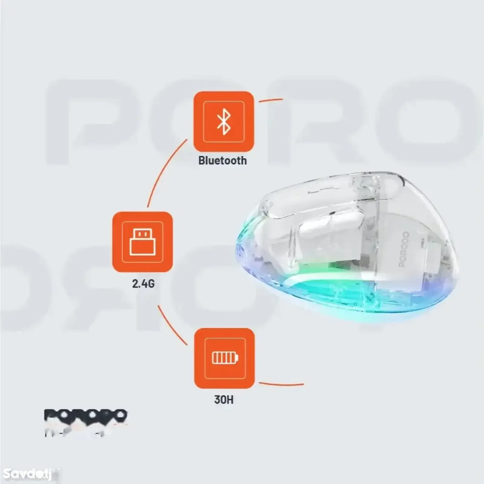 Мышь Porodo Vertical 4800 DPI Wireless Mouse Transparent