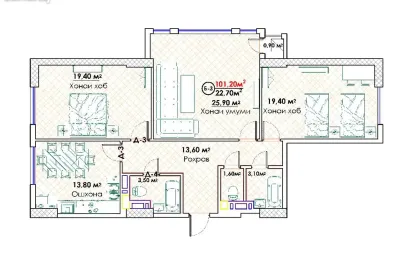 3-комн. квартира, 15 этаж, 101 м², Сомони