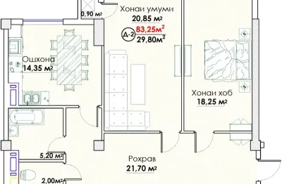 2-комн. квартира, 11 этаж, 84 м², Сомони