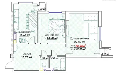 2-комн. квартира, 8 этаж, 73 м², Сомони