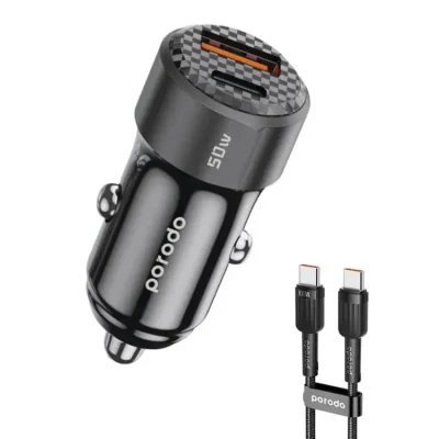 Автомобильное зарядное устройство Porodo 50W Dual Port Car Charger PD 20W QC 30W with C to C Cable черный