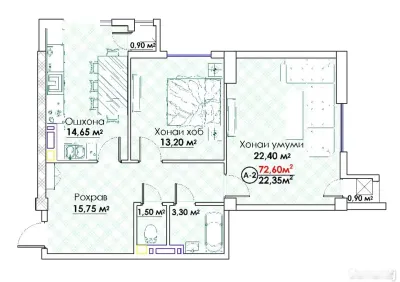 2-комн. квартира, 8 этаж, 73 м², И. Сомони