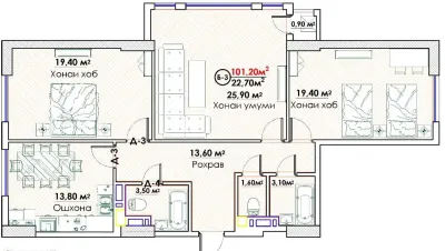 3-комн. квартира, 15 этаж, 101 м², И Сомони