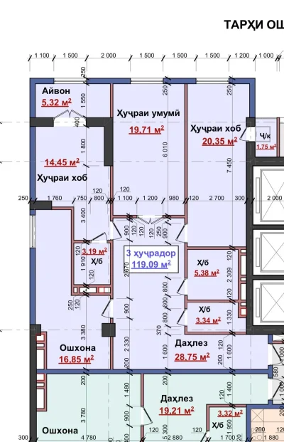 3-комн. квартира, 10 этаж, 119 м², Шохмансур