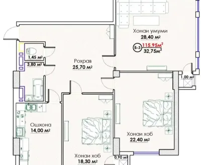 3-комн. квартира, 7 этаж, 116 м², Сомони