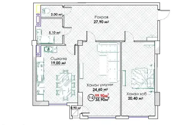 2-комн. квартира, 5 этаж, 100 м², Сомони