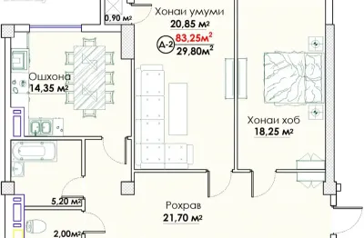 2-комн. квартира, 11 этаж, 83 м², Исмоили сомони