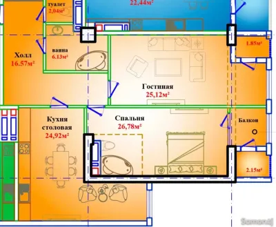 2-комн. квартира, 8 этаж, 105 м², Исмоили Сомони