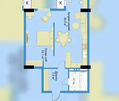 2-комн. квартира, 5 этаж, 66 м², Исмоили сомони