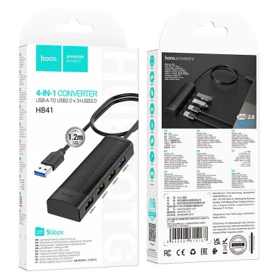 USB-хаб HOCO HB41 4-в-1 (3×USB 2.0 + 1×USB 3.0, 1.2 м)