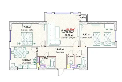 3-комн. квартира, 15 этаж, 101 м², Исмоили Сомони, Спартак, Кольцевой Пивзавод
