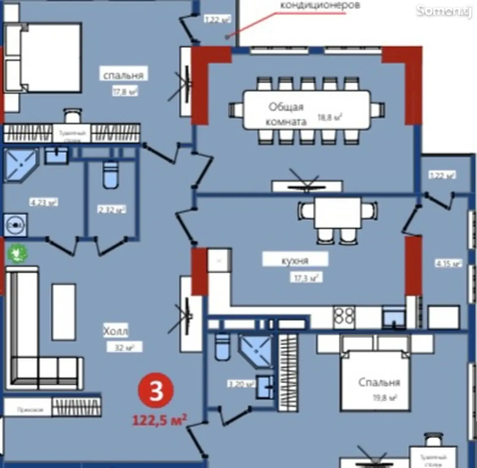3-комн. квартира, 9 этаж, 123 м², 34мкр