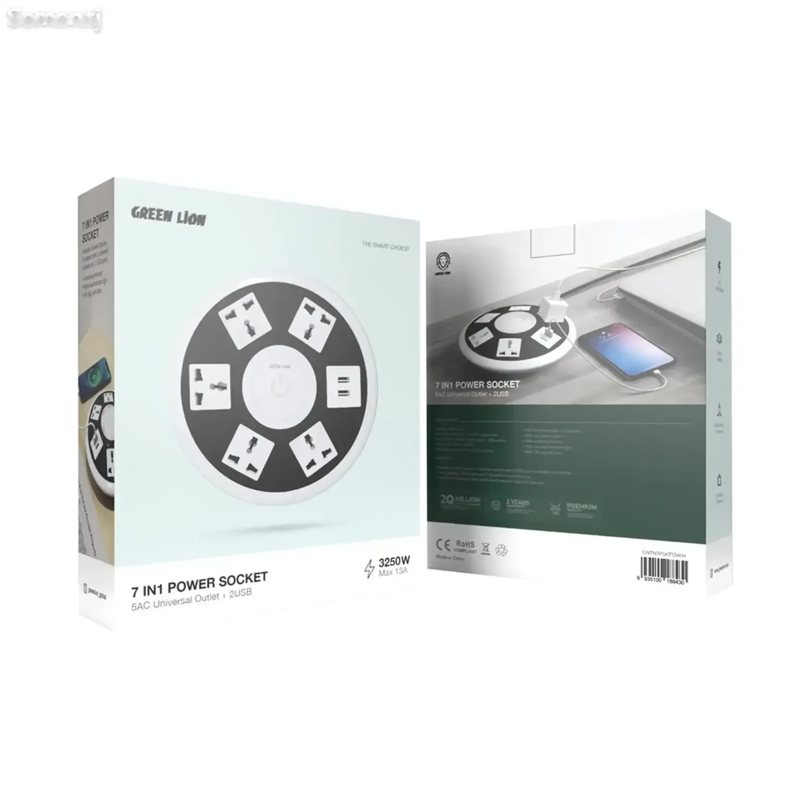 Розетка Green Lion 7 в 1 Power Socket 5AC Universal Outlet + 2USB белый