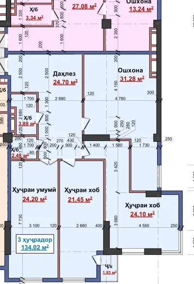 3-комн. квартира, 9 этаж, 134 м², Шохмансур
