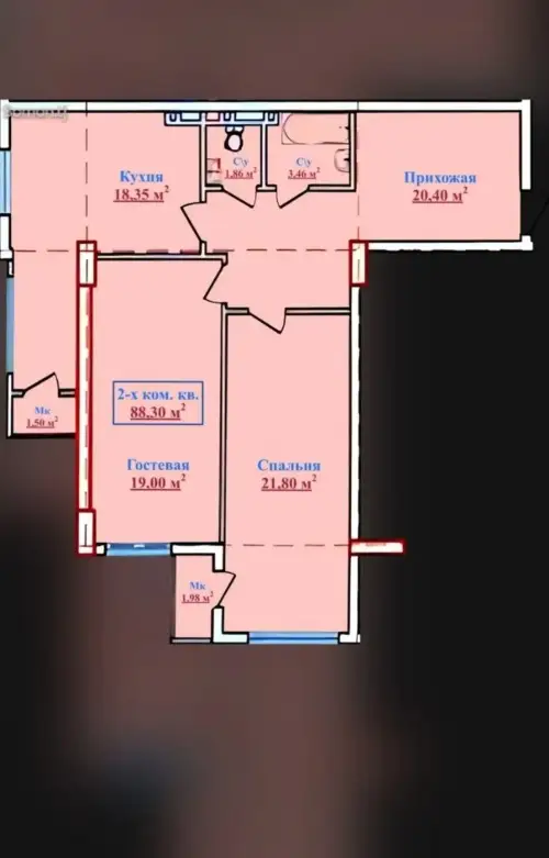 2-комн. квартира, 3 этаж, 88 м², Исмоили Сомони