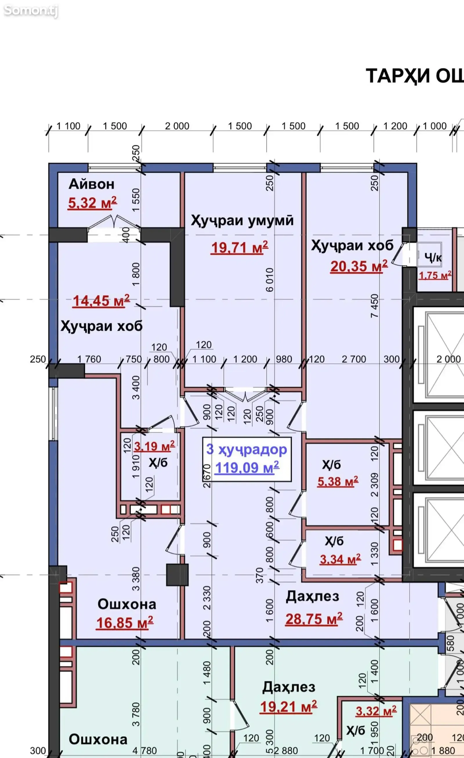 3-комн. квартира, 10 этаж, 119 м², Шохмансур, Мактаби 20, роддом 2